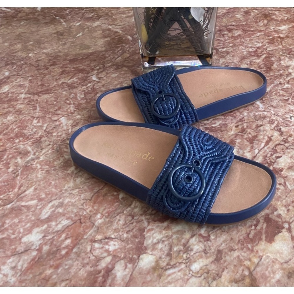 New Kate Spade Maribelle Women's Blue Raffia Leather Lining Slides Size 9B, $198